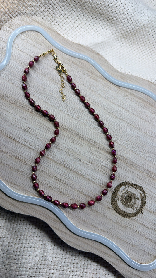 Ruby Red Faceted Freshwater Pearl Beaded Necklace 

– 18K Gold-Filled Accents